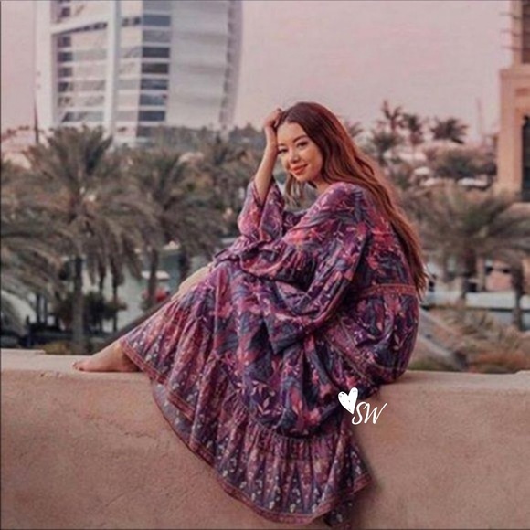 Boho Floral Print Gypsy Maxi Dress Purple Paisley - Picture 11 of 13